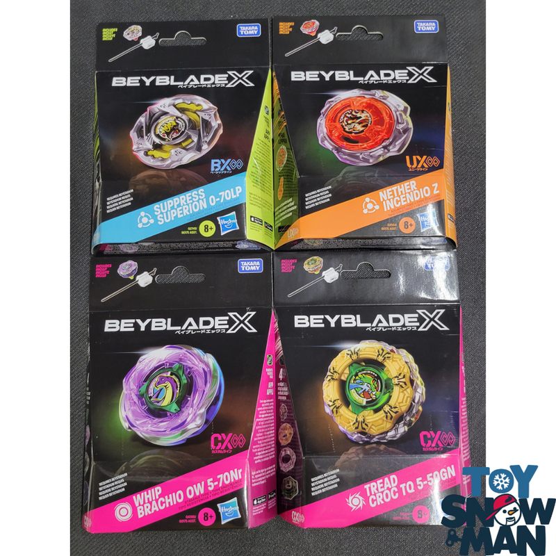 Beyblade X Tread Croc TQ 5-50GN CX & Whip Brachio OW 5-70Nr CX & Nether Incendio Z UX & Suppress Superion 0-70LP BX Infinity Starter Pack Bundle - Collectables > Action Figures > toys -  Hasbro