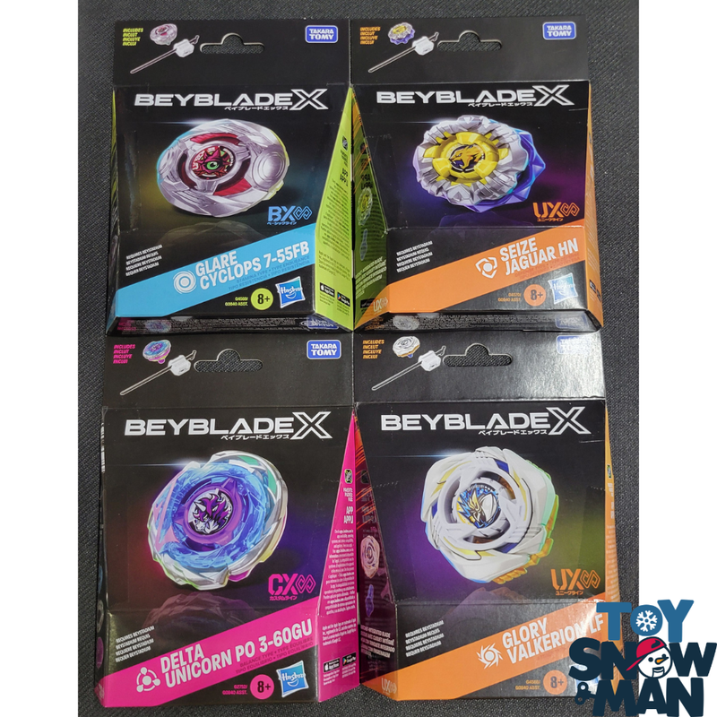 Beyblade X Delta Unicorn PO 3-60GU CX & Glory Valkerion LF UX & Seize Jaguar HN UX & Glare Cyclops 7-55FB BX Infinity Starter Pack Bundle - Collectables > Action Figures > toys -  Hasbro