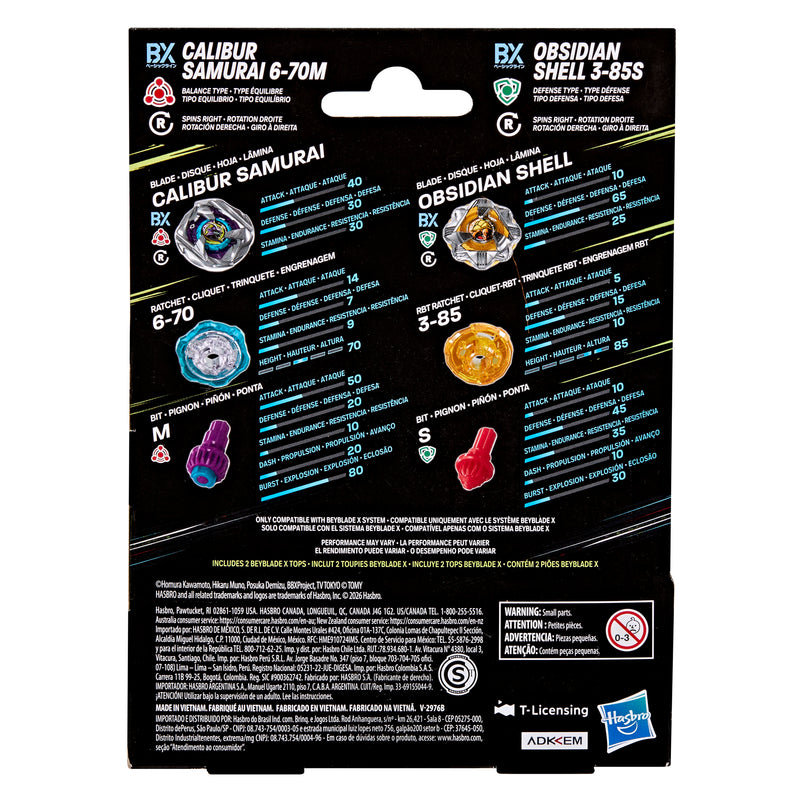 Beyblade X Calibur Samurai 6-70M BX & Obsidian Shell 3-85S BX Dual Pack Set - Collectables > Action Figures > toys -  Hasbro