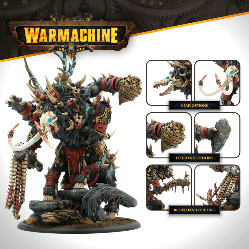 Warmachine Gorger kit showing interchangeable head, left-hand and right-hand weapon options