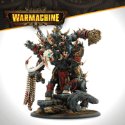 Warmachine Gorger painted miniature with tusked head, flail and hornet's nest